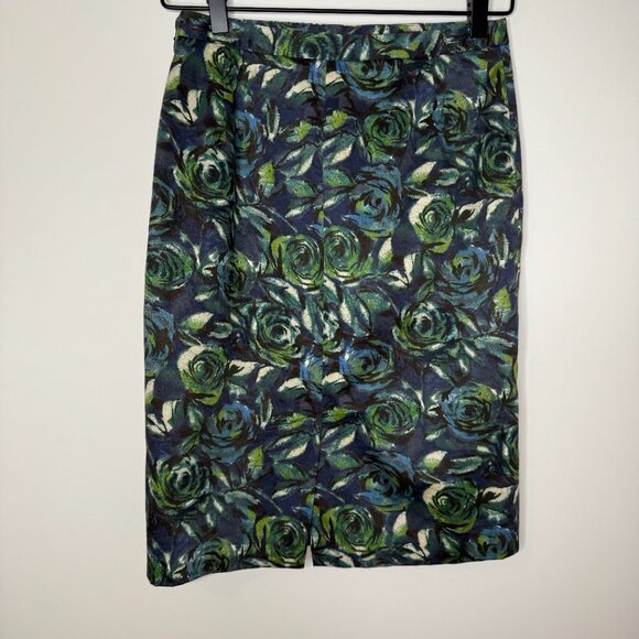 Loft Pencil Skirt w Lining w Green Rose and Navy Background Women's 0 - Picture 2 of 5